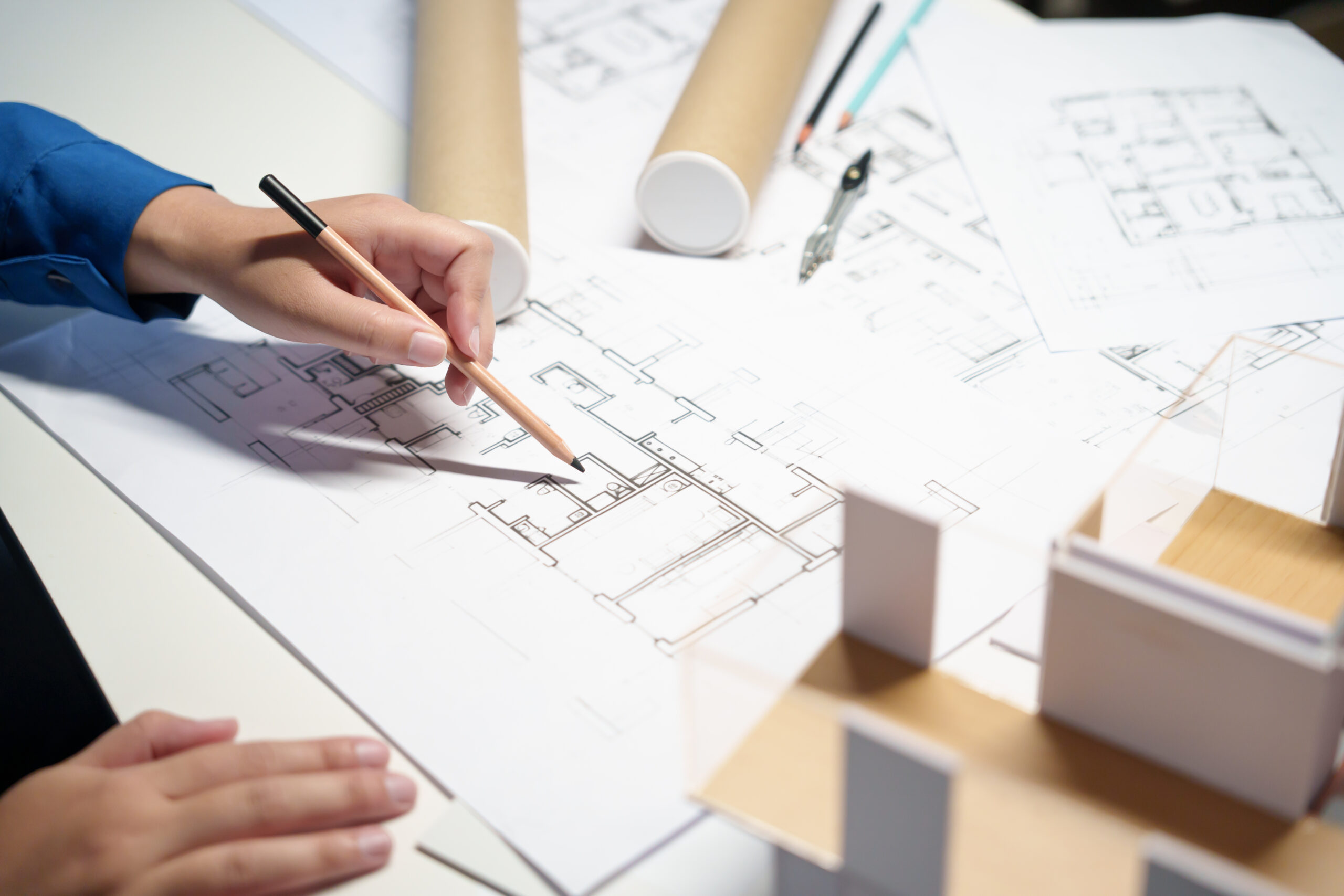 Architecture drawing on architectural Creative project business architecture building construction Industrial engineering Achievement Planning Design on blueprint eco Concept.